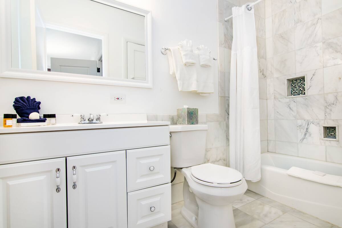 executive king suite | bathroom | combined shower/bathtub, hydromassage showerhead, designer toiletries