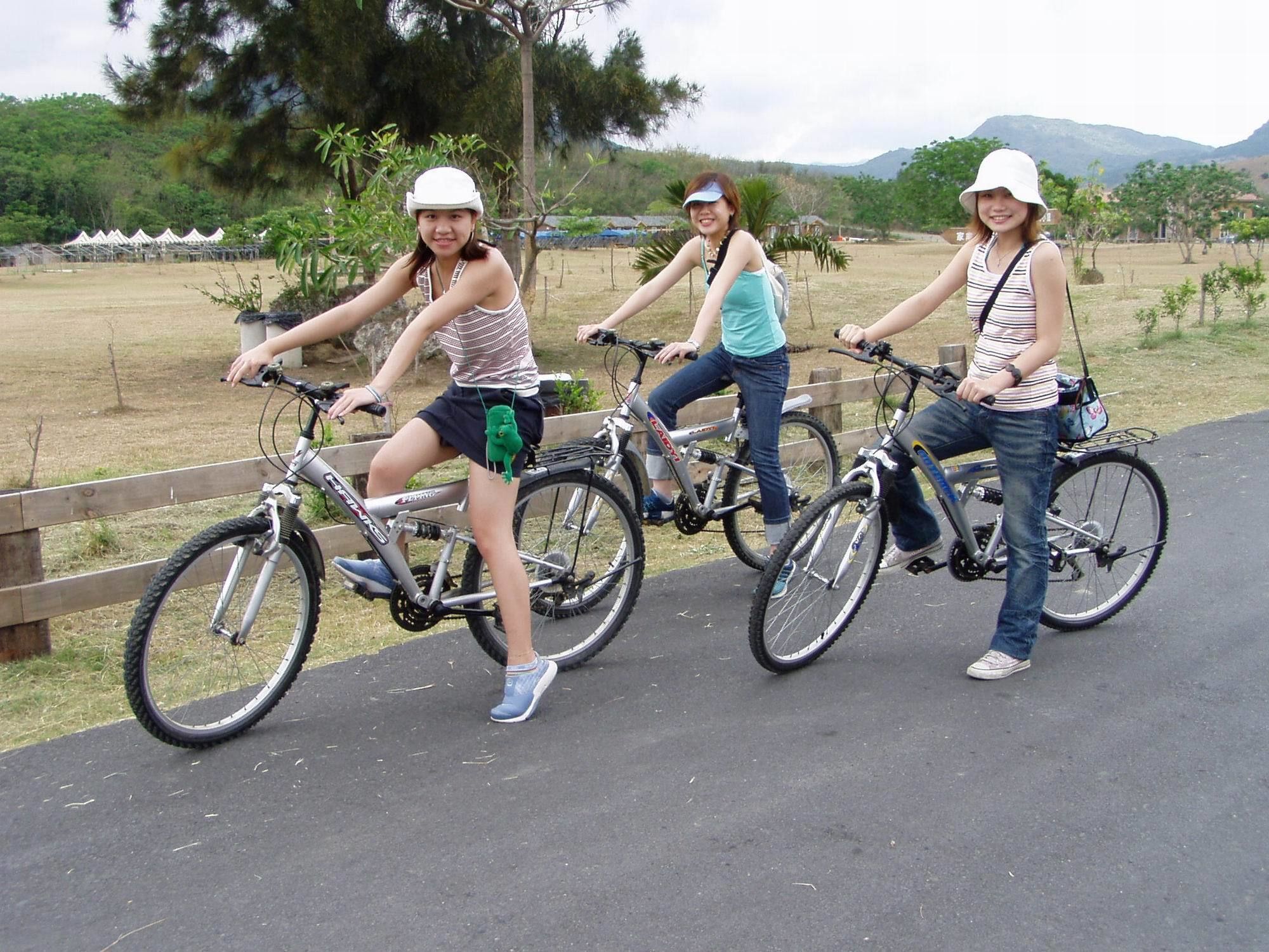 Três pessoas andando de bicicleta em um caminho pavimentado, com área gramada e árvores ao fundo.
