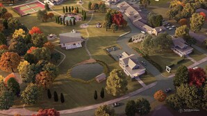 An aerial view of a residential area with multiple houses, a tennis court, and a golf course. - The Palmer House Resort, an Ascend Collection Hotel (Manchester Center)