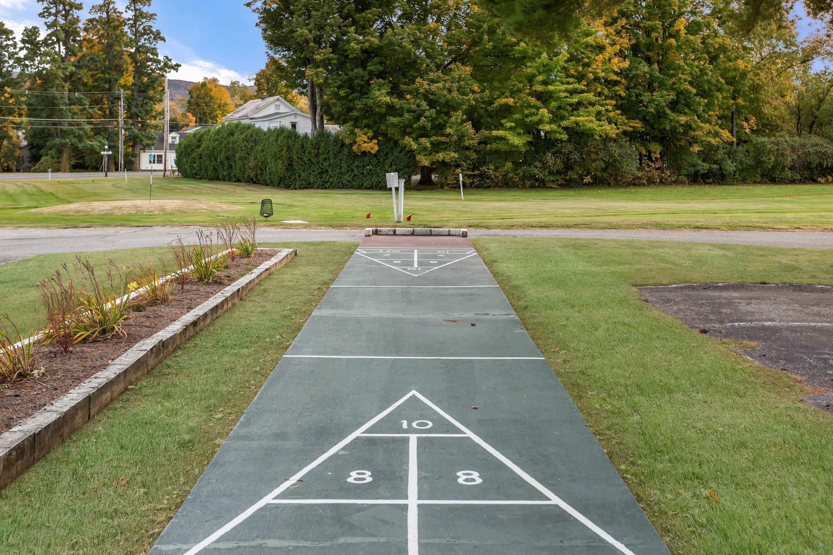 A shuffleboard court with a triangular layout and numbered scoring areas.
