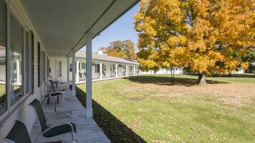 A covered outdoor seating area with chairs, a lawn, and a large tree with yellow leaves.