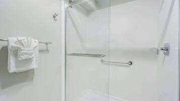 Een douche met glazen wanden, een handdoekhouder en een handgreep.