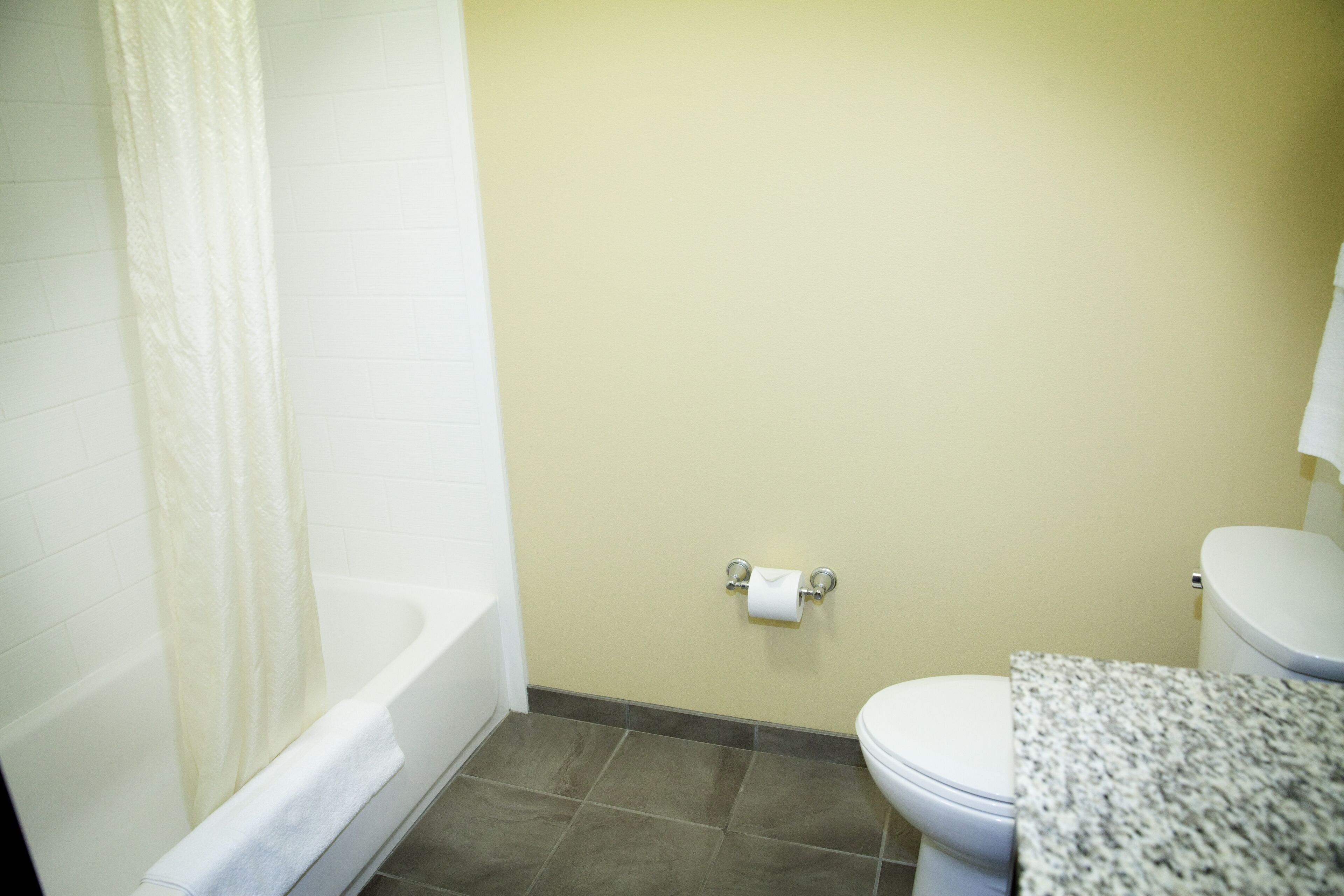 A bathroom with a bathtub, toilet, and a marble countertop.