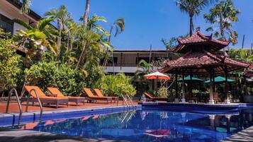 Outdoor pool, pool umbrellas, pool loungers