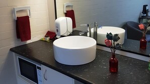 A modern bathroom with a large mirror, white sink, and a compact dishwasher. - Bidgee Motor Inn (Hay)