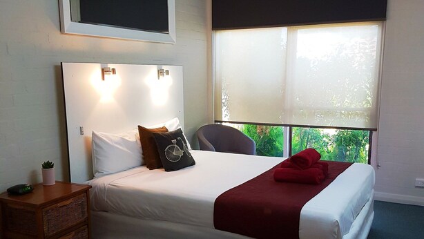 A hotel room with a bed, bedside table, and a window with a view of greenery. - Bidgee Motor Inn (Hay)