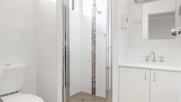 A bathroom with a glass-enclosed shower, a toilet, and a sink with a mirror above it.
