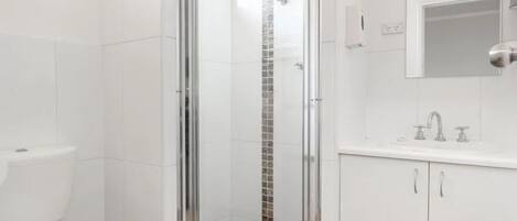 A bathroom with a glass-enclosed shower, a toilet, and a sink with a mirror above it.