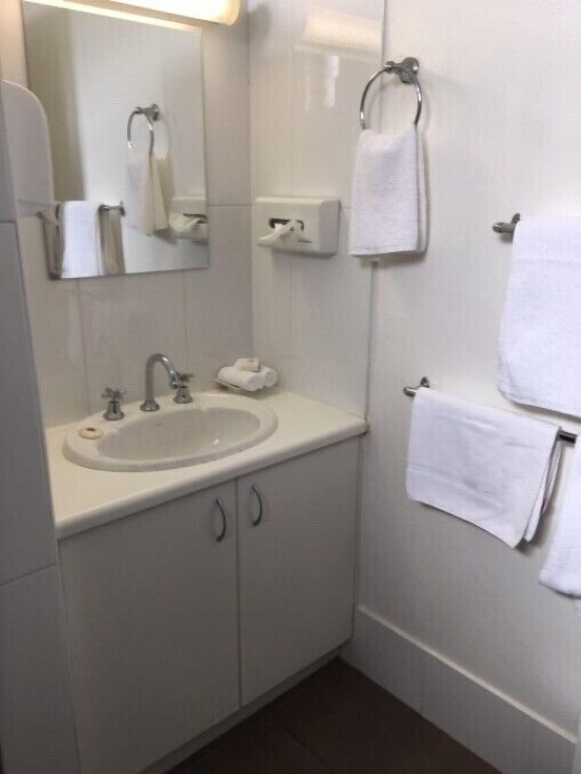 Une petite salle de bain propre, équipée d’un lavabo, d’un miroir, d’un porte-serviettes et d’un distributeur de papier toilette.