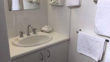 Une petite salle de bain propre, équipée d’un lavabo, d’un miroir, d’un porte-serviettes et d’un distributeur de papier toilette.