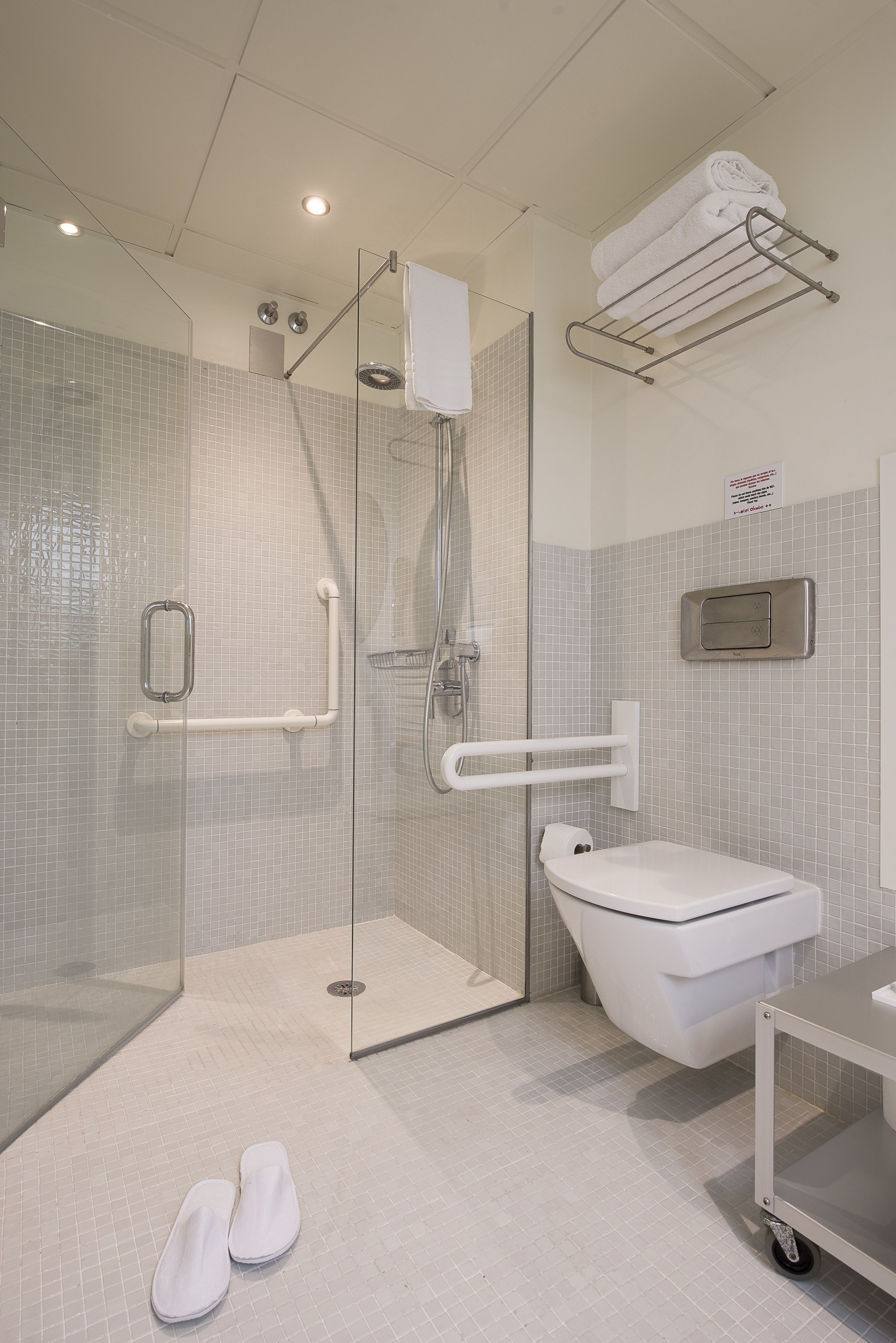Een moderne badkamer met een douchecabine van glas, een wit toilet en een wastafel.