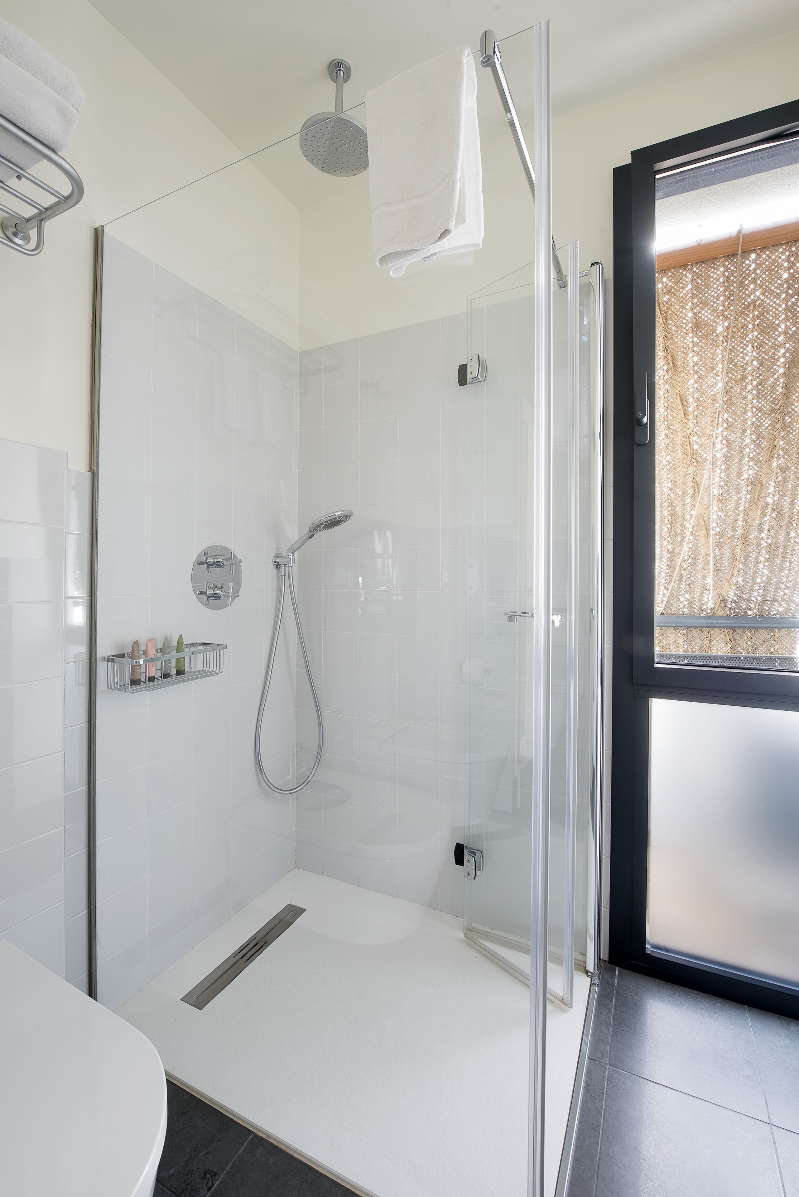 A modern bathroom with a glass-enclosed shower, a toilet, and a sink.