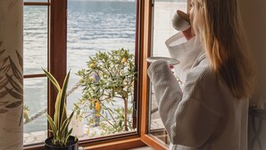 Una persona de pie junto a una ventana con vista a un cuerpo de agua y montañas.