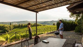 An outdoor patio with a table and chairs, a grill, and a view of a vineyard.