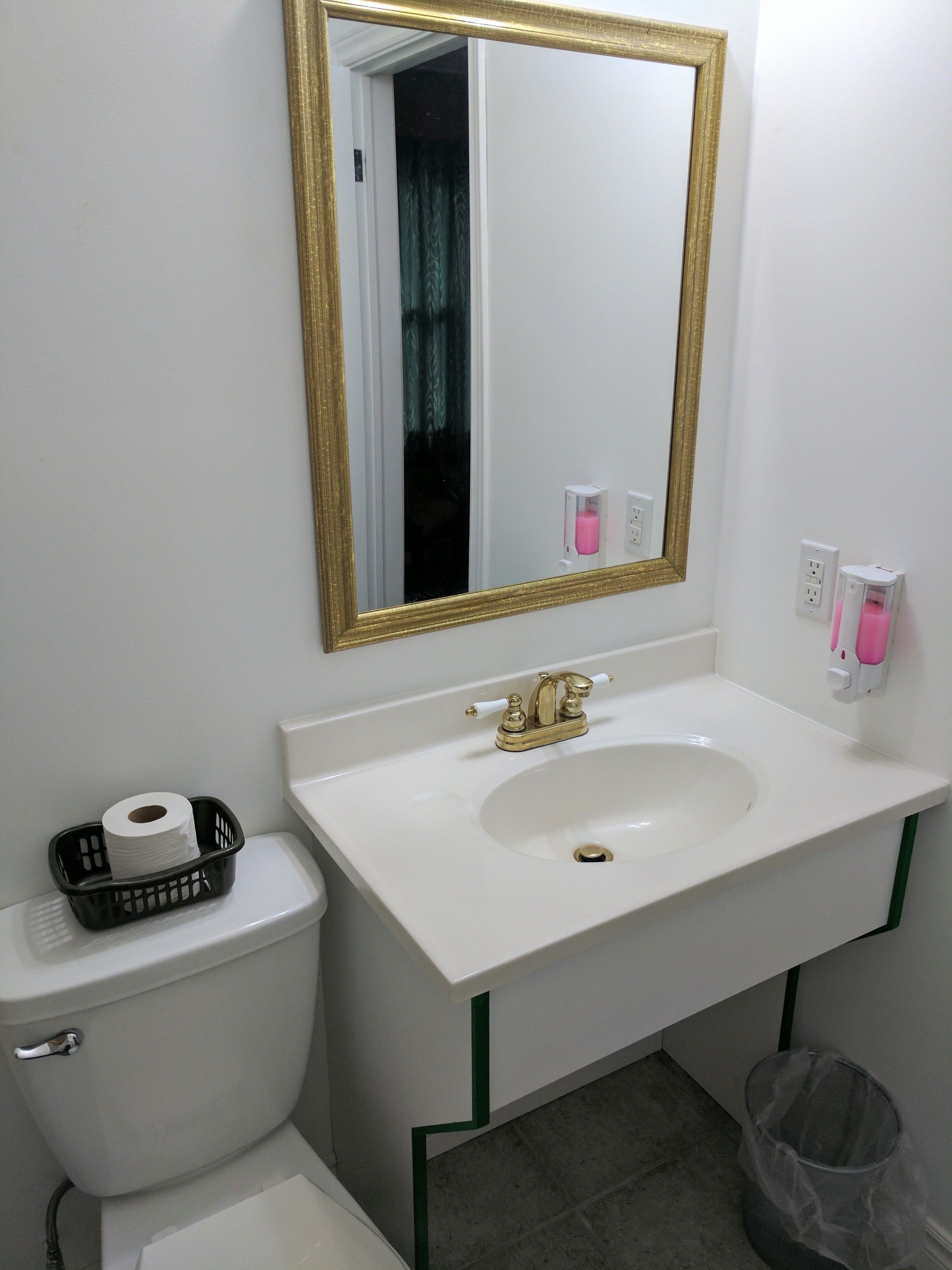 A bathroom with a white sink, gold-framed mirror, toilet paper holder, and a trash can.