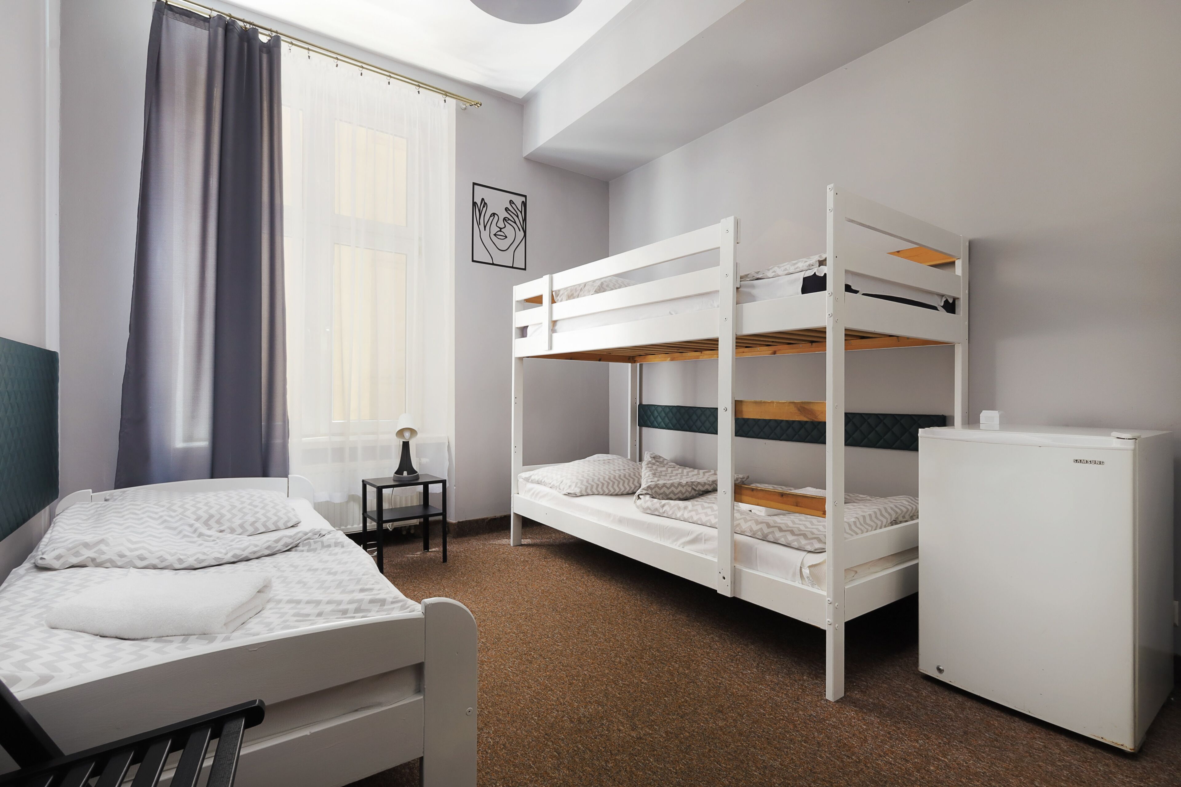 A room with a bunk bed, a desk, a chair, and a small refrigerator.