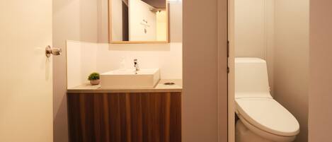 A modern bathroom with a wooden vanity, a white sink, and a toilet.
