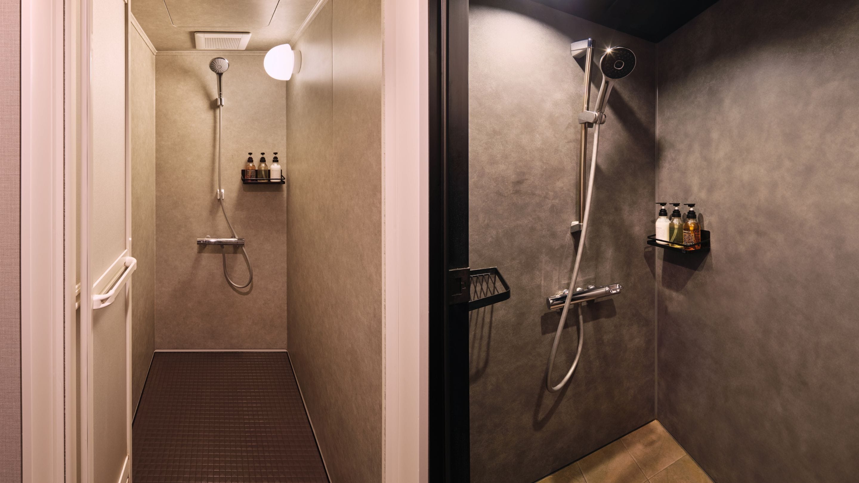 A modern bathroom with a shower, a toilet, and a sink. There are toiletries on the wall and a handrail on the door.