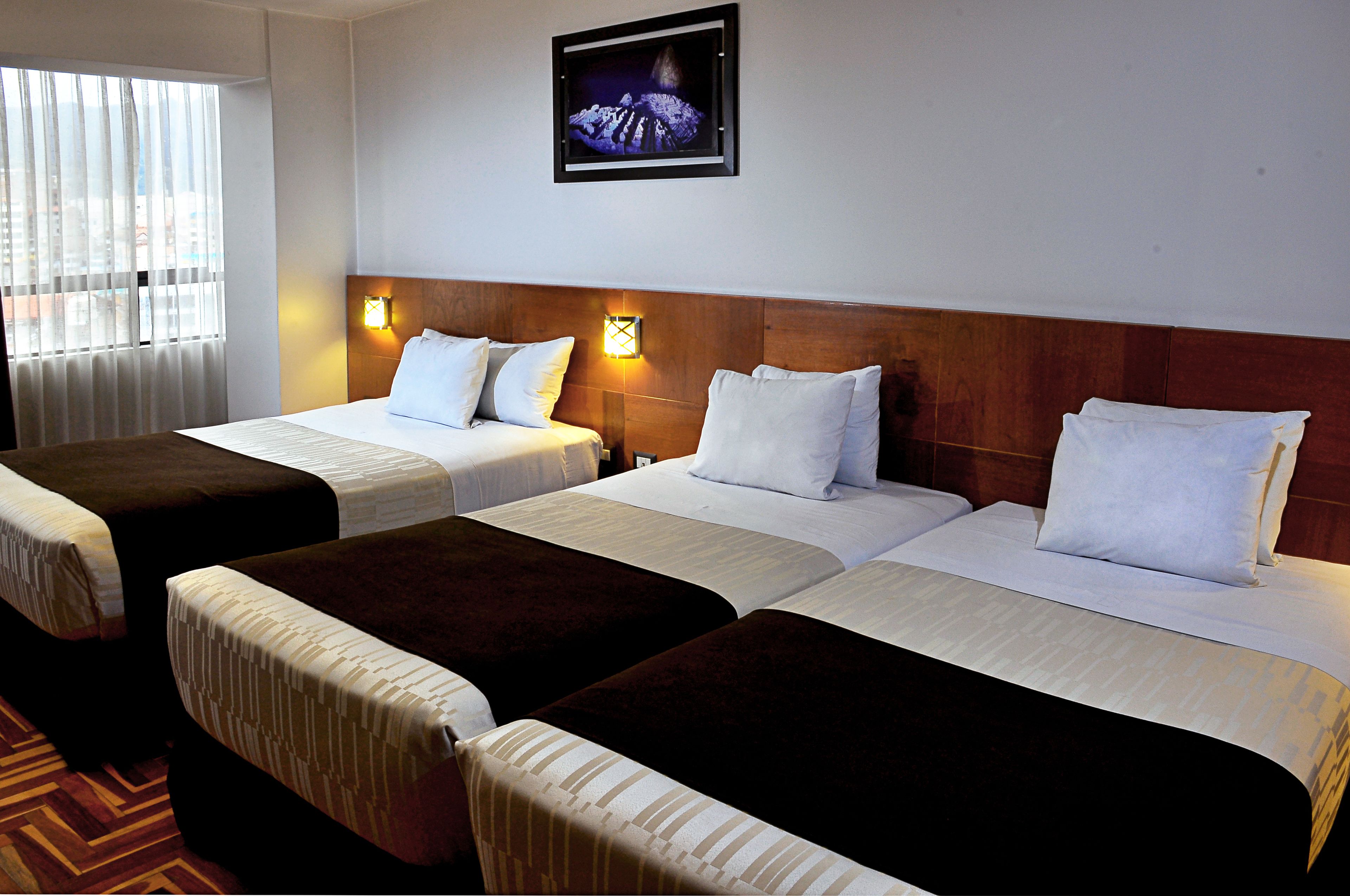 Habitación de hotel con dos camas individuales, cabecera de madera, un cuadro enmarcado en la pared y una ventana con cortinas.