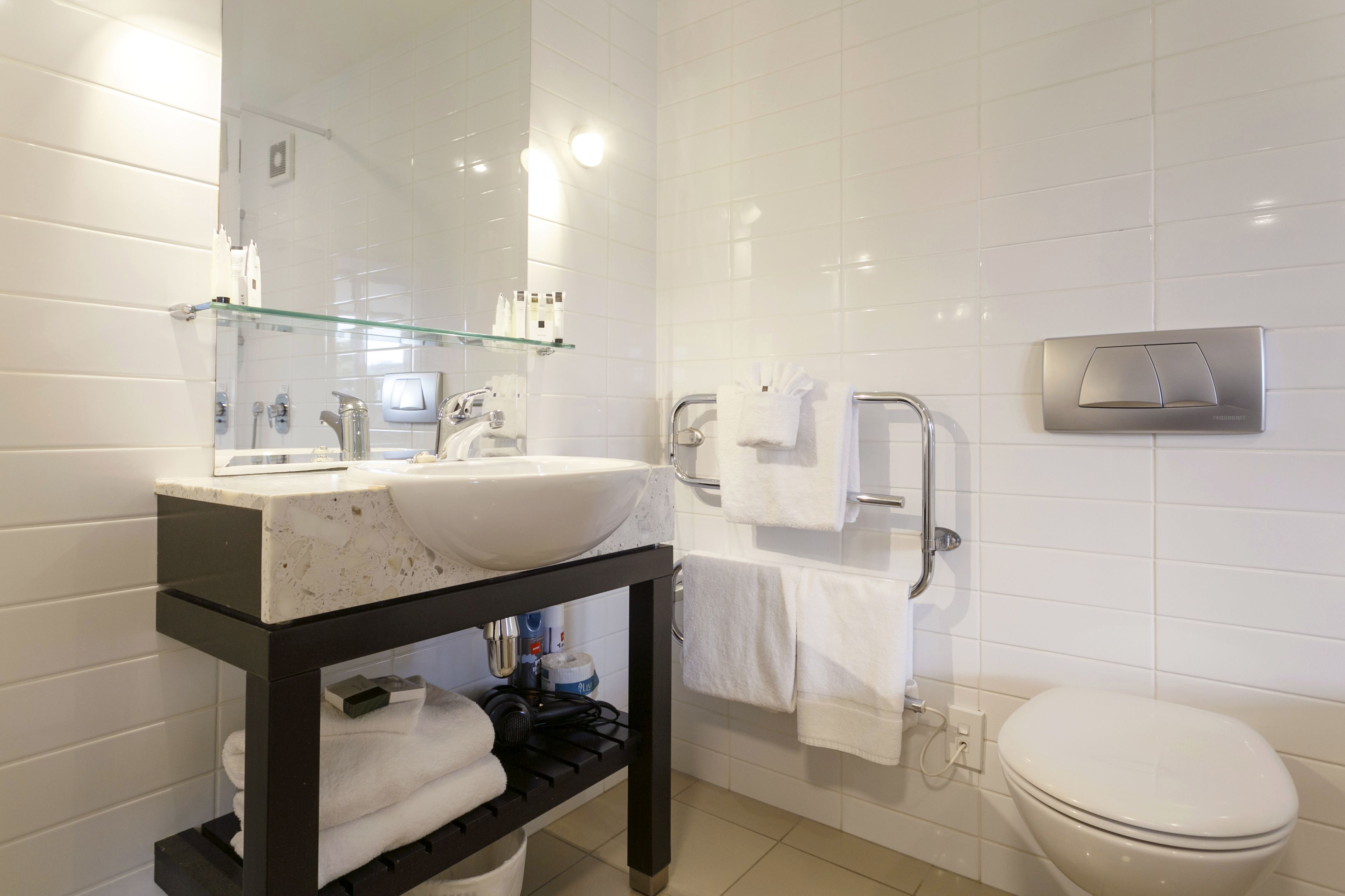 A modern bathroom with a glass shelf holding toiletries, a white sink, a toilet, and a handrail for accessibility.