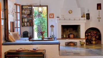 Una sala de estar acogedora con chimenea, una estantería y un ventanal con vistas a la vegetación.