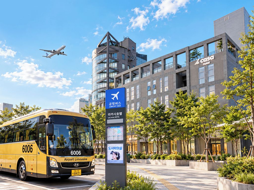 An airport bus stop with a modern building in the background, a clear sky, and an airplane in flight.