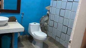 Un baño con pared azul, lavamanos blanco, inodoro y zona de ducha.