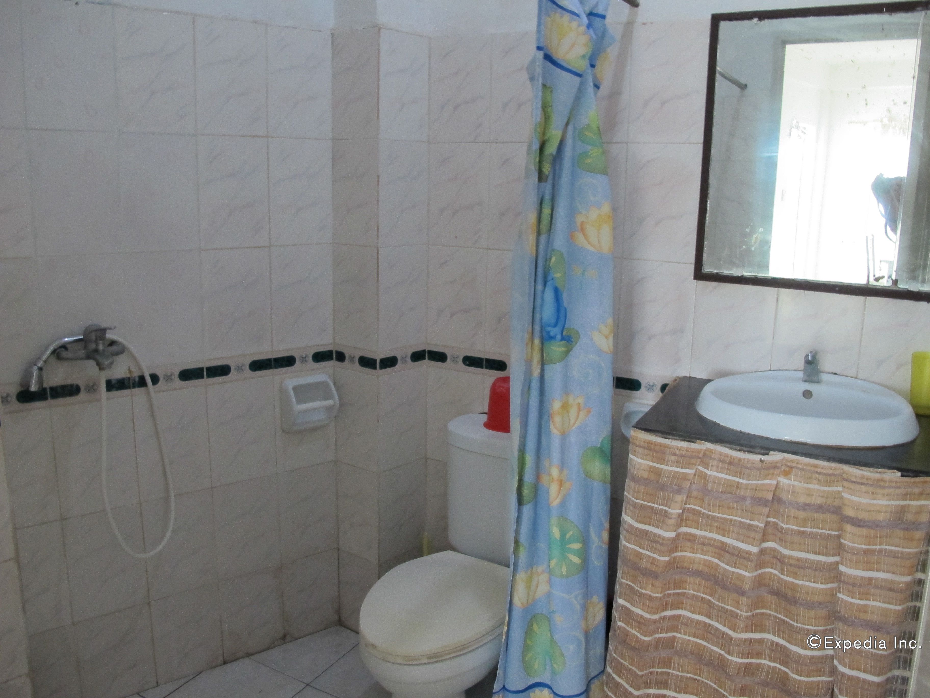 A bathroom with a toilet, sink, shower, and a mirror.