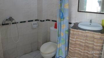A bathroom with a toilet, sink, shower, and a mirror.