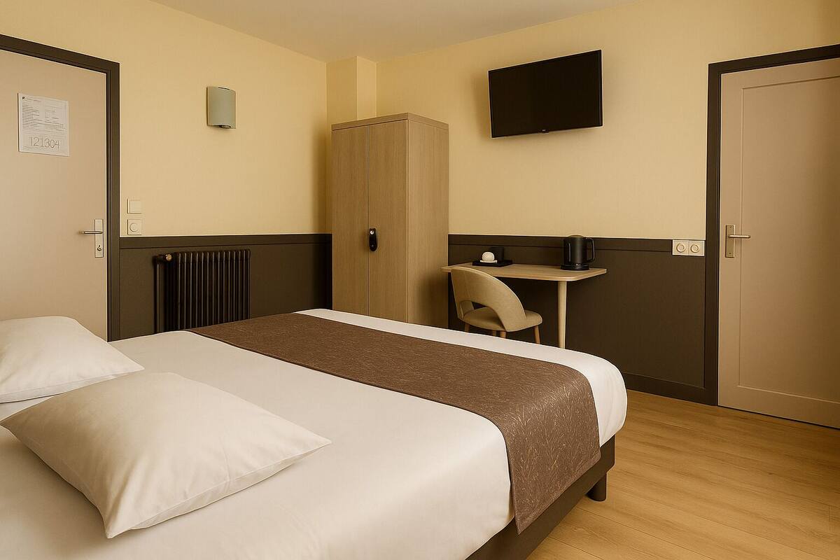 A hotel room with a bed, a desk, a chair, a television, and a wardrobe.
