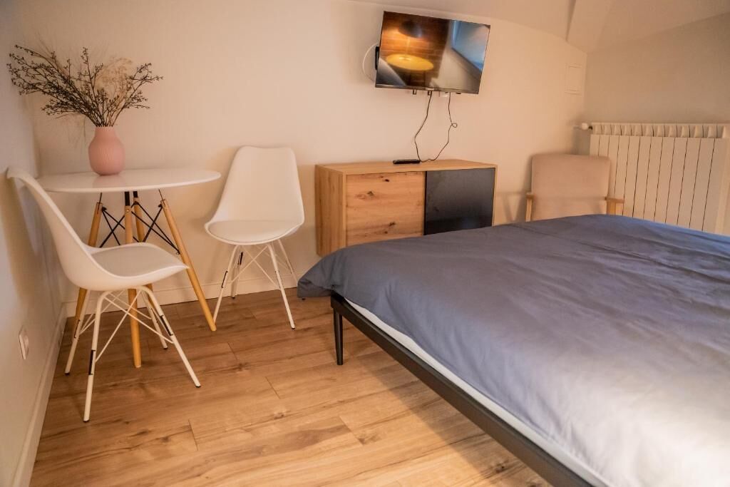 A bedroom with a bed, a desk with chairs, a TV, and a radiator.