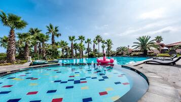 Outdoor pool, open 9:00 AM to 9:00 PM, pool umbrellas, sun loungers