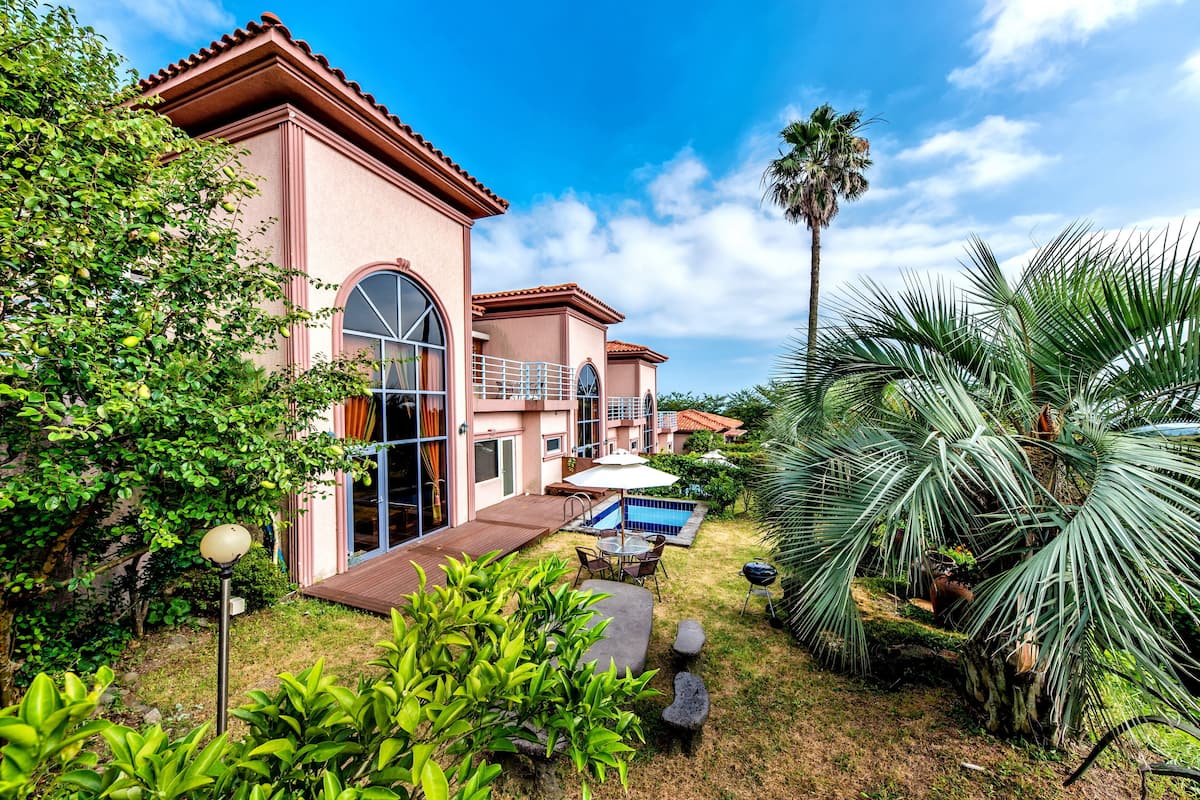 A house with a swimming pool, patio furniture, and tropical plants.