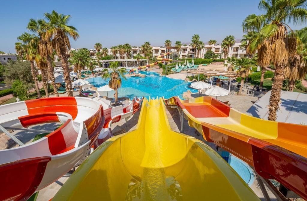 Un área de piscina con múltiples toboganes, palmeras y un cielo azul despejado.