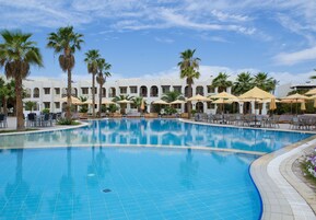 A large swimming pool with palm trees and sun umbrellas, surrounded by a building with multiple balconies.