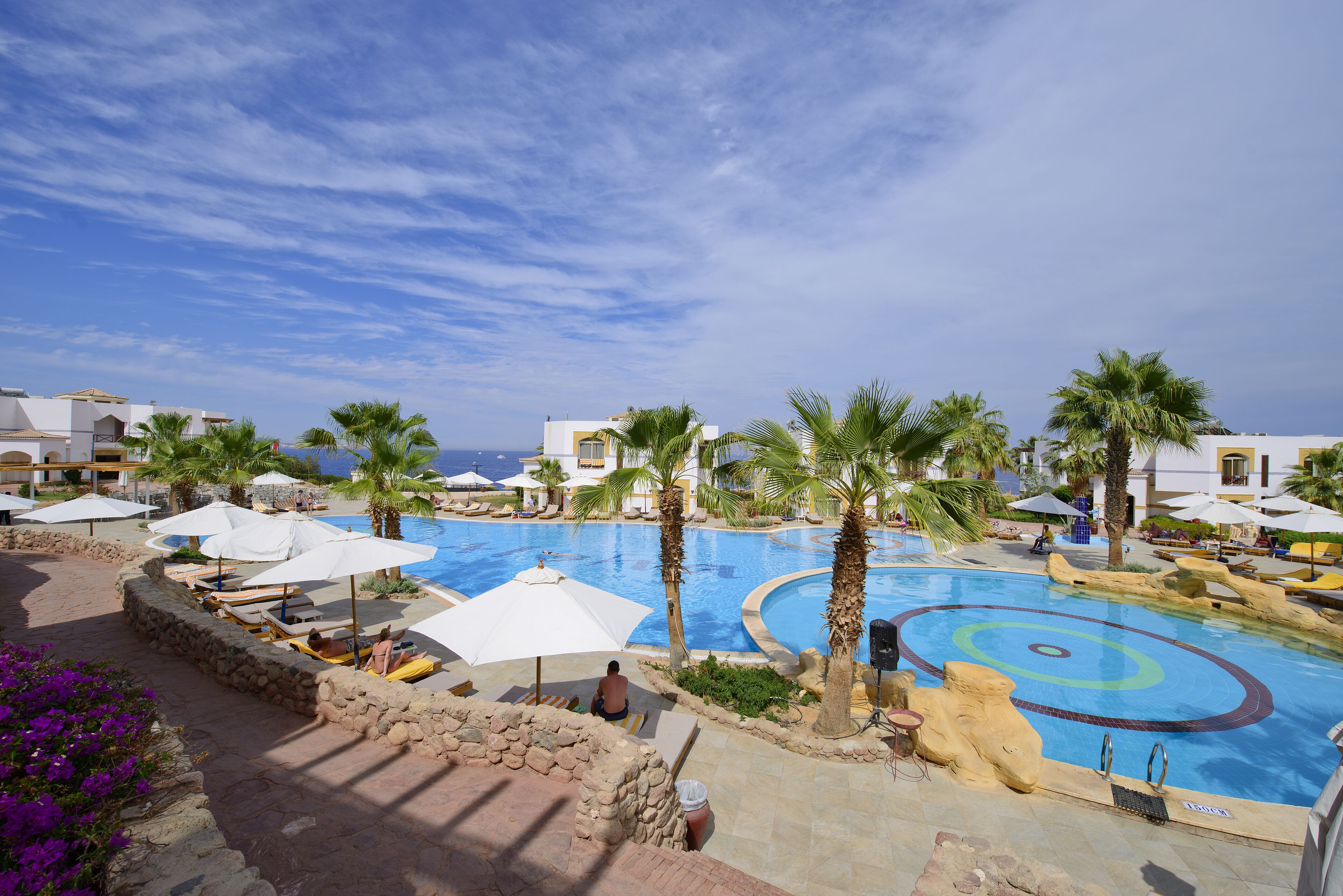Zona de piscina en un resort, con palmeras, sillas de descanso y sombrillas.