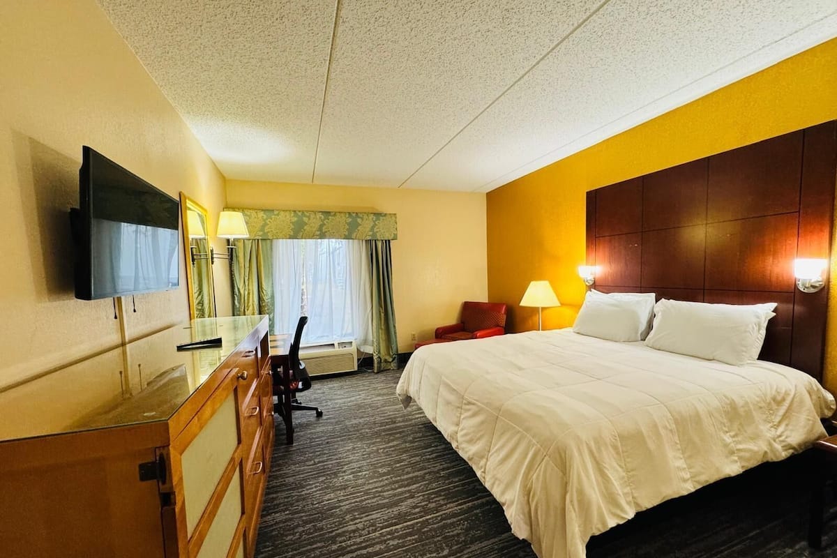 A hotel room with a bed, a desk, a chair, a television, and a window with curtains.