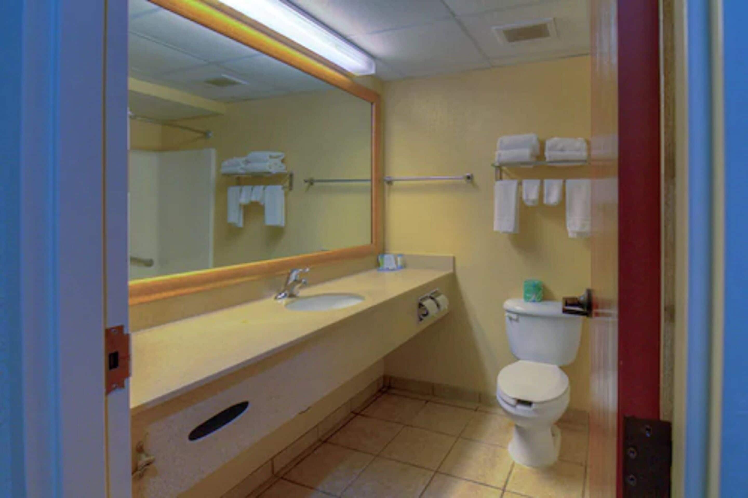 A bathroom with a sink, mirror, towel rack, and toilet.