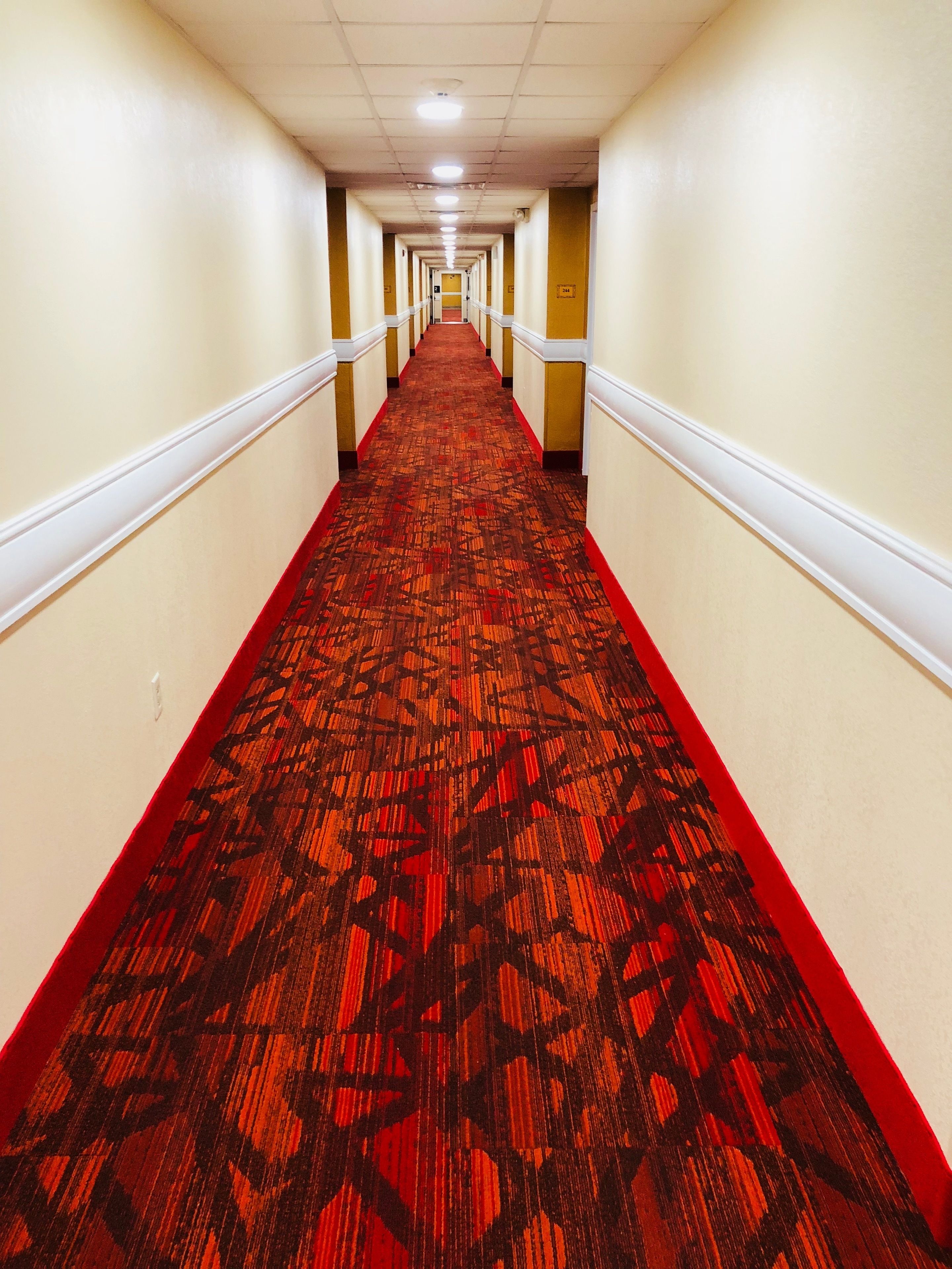 A long, narrow hallway with a patterned carpet and white walls.
