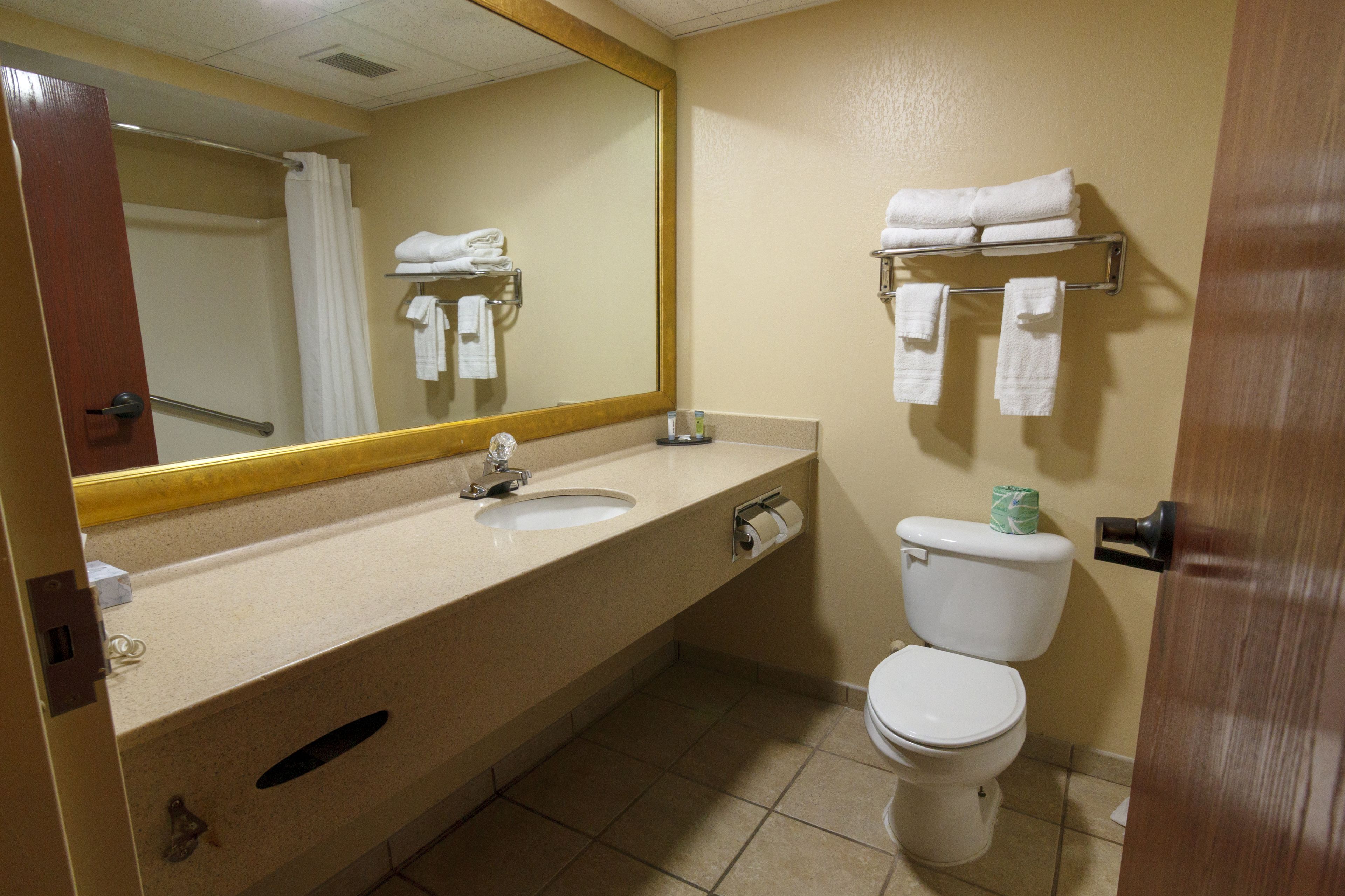 A bathroom with a sink, mirror, toilet, and towel rack.