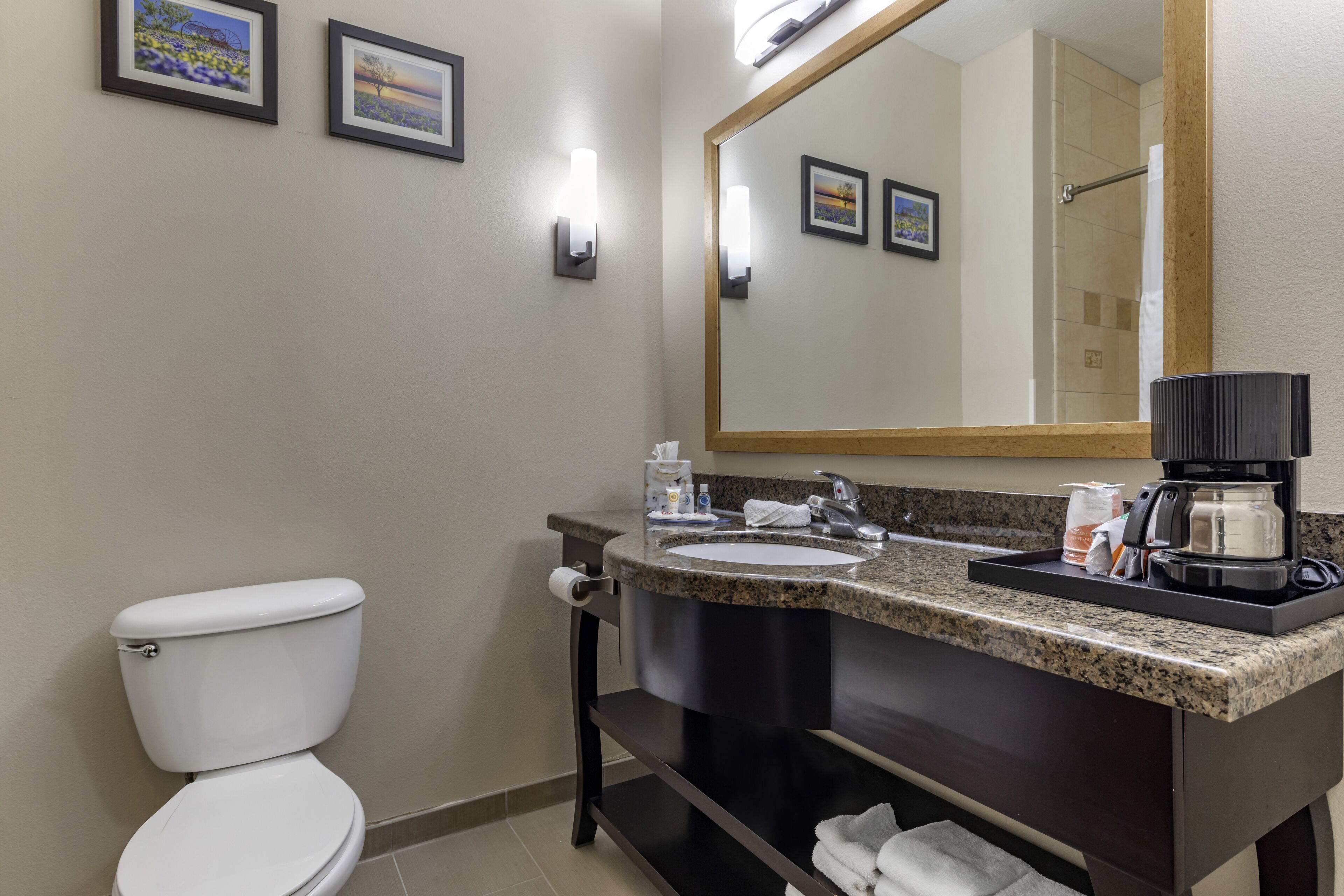 A bathroom with a toilet, sink, and mirror. There are framed pictures on the wall and a towel rack.