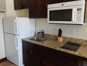 Grand réfrigérateur, micro-ondes, plaque de cuisson