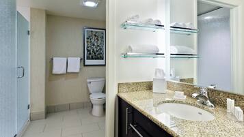 Un baño moderno con lavamanos de granito, un estante de vidrio con toallas y un inodoro.
