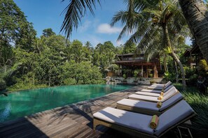 Une terrasse en bois avec des chaises longues et une piscine, le tout entouré d’une végétation luxuriante et de palmiers.