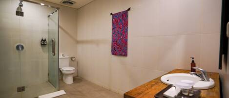 A bathroom with a glass shower enclosure, a toilet, a sink with a wooden vanity, and a colorful towel hanging on the wall.