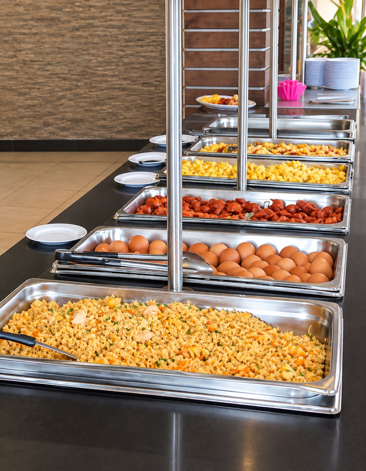 Buffet com diversas opções de comida, incluindo ovos, milho e arroz.
