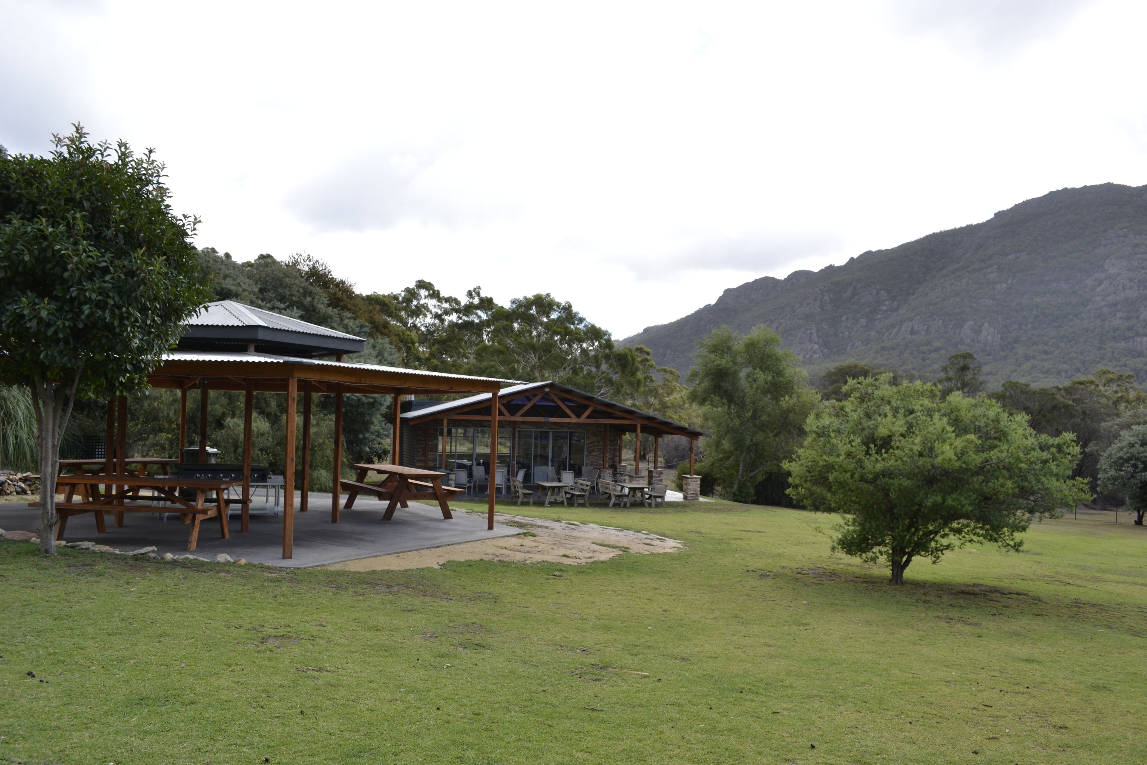 Un área de picnic con mesas y bancos de madera, rodeada de árboles y una montaña al fondo.
