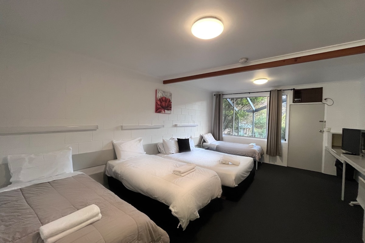 Et hotelværelse med tre senge, et fjernsyn og et vindue med gardiner.