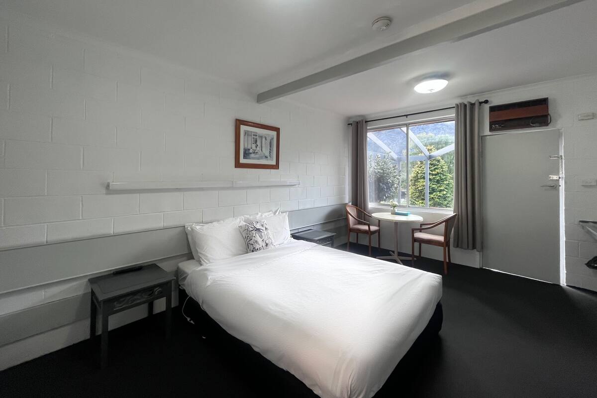 Et hotelværelse med seng, et lille bord med stole, et vindue med udsigt til grøn natur, og et billede på væggen.