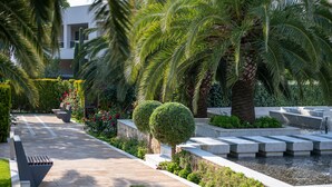 A landscaped garden with palm trees, a water feature, and a pathway. - Pomegranate Wellness Spa Hotel (Nea Propontida)